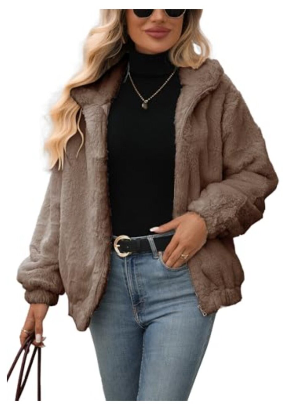 Women's Faux Fur Coat Full Zip Crop Fleece Jacket Warm Winter Outerwear